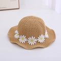Light brown girls straw sun hat with delicate white daisy floral trim decoration - Daisy / Circumference 50-53cm / Khaki