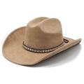 Khaki faux suede cowboy hat with wide brim and silver studded black leather band - M (56-57cm) / Camel
