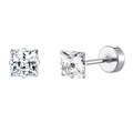 Detail of square princess cut stud earrings with silver four-claw setting and butterfly back - Square Zirconia