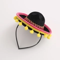 Black felt mini sombrero headband with pink trim and yellow pom-poms for parties - Black Felt-Yellow Pompoms-Pink Trim
