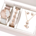 Elegant rose gold and brown women's quartz watch with matching jewelry gift set in a box - Rose Gold + White + Roman Dial + Heart Rhinestone Jewelry Set