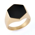 Minimalist gold stainless steel ring featuring a hexagonal black enamel signet face - Hexagon Gold (04302)