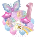 Birthday party balloon set featuring pink butterfly, number 1 foil, and colorful latex - Number 1 Set