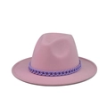 Detailed view of pink wool fedora hat featuring a stylish purple chain decoration - Pink (21)