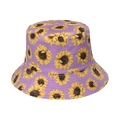 Detailansicht des Sonnenblumenmusters auf einem lila Canvas-Sonnenhut für Damen - Lila