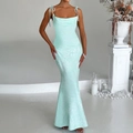 Elegant mint green jacquard evening dress with bow straps and fishtail hem - M / Mint Green