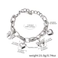 Bracciale con ciondoli a cuore e fiocco in acciaio inossidabile argento con misure - Bracciale con Ciondolo Fiocco e Cuore Color Acciaio / 15+4cm / Colore acciaio