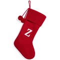 Red knit Christmas stocking with white letter Z and decorative hanging pompoms - Letter Z / Red