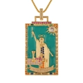 Macro detail of gold tarot card necklace featuring green enamel and colorful zircon stones - The Magician (With Chain)