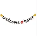 Welcome Home banner with black cursive letters, gold hearts and red glitter house - Gold Heart Red House