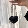 Borsa a tracolla a cuore con paillettes blu scuro e catena in metallo argentato - Paillettes Nere