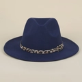 Detail of dark blue fedora hat featuring leopard print band and golden square buckle - M (56-58cm) / Navy Blue