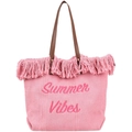 Detailed texture of pink woven tote bag with Summer Vibes embroidery and fringe tassels - 46*33*19 / Pink