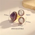 Vintage adjustable ring with large purple amethyst and twin pearls in a boho chic style - K-0867 Amethyst and Baroque Pearl Ring