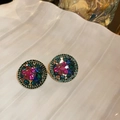 Clips d'oreilles vintage à pampilles avec strass multicolores sur socle en métal doré - 28# Clip-on - Rond Coloré