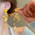 Elegante gelbe Stoffblumen Ohrringe mit langen Perlenquasten und Perlen für Damen - 8# Silbernadel - Gelb