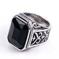 Vintage stainless steel ring featuring a black square gemstone and ornate carvings - US 7 / Vintage Silver Tone (Black Rhinestone)