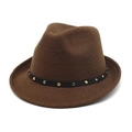 Detail of dark brown wool fedora hat featuring black band with gold and silver rivets - M (56-58cm) / Dark Coffee