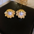 Französische Vintage-Ohrstecker aus goldenen Muscheln mit lila Perlen-Detail - 5# Gold Muschel Große Perle Stil (5915056812123)