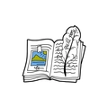 Cartoon enamel pin featuring an open book with a landscape photo and a quill pen - Quill Pen Book (CC2552)