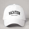 White cotton baseball cap with black VACATION printed text design for outdoor sun protection - One Size / White