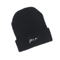 Detailed close-up of ribbed texture and me embroidery on black knit beanie - Black