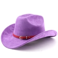 Detailansicht eines lila Cowboyhuts aus Wildleder mit rotem Lederband und goldener Schnalle - M (56-58cm) / Taroviolett