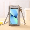 Graue Touchscreen-Handytasche mit Sichtfenster, Gold-Reißverschluss und Schultergurt - Hellgrau
