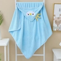 Blue coral fleece hooded baby towel with cute cartoon penguin design and gold crown - Blue Penguin
