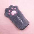 Close-up of a grey plush cat paw pencil case with pink embroidered heart-shaped paw pads - Gray
