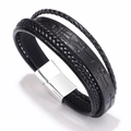 Bracciale multistrato da uomo in pelle nera con motivo a croce e chiusura magnetica - 19cm / Nero