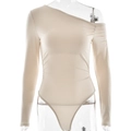 Détail du plissé élégant à l'épaule sur ce body asymétrique couleur abricot tendance - S / Abricot