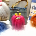 Pink furry monster bag charm with big eyes and gold hook on a denim tote bag - Single Piece / Rose Red