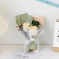Detail of mini champagne soap rose bouquet with pearl gauze and LOVE ribbon - Dark Green