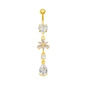 Detailed macro view of golden belly ring featuring sparkling clear flower and teardrop zircon - Transparent(24060701-4)
