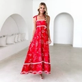 Elegant red floral A-line maxi dress with Ciao print and wave trim spaghetti straps - S / Red with White Sketch