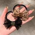 Set of 2 champagne and black polka dot mesh bow scrunchies with crystal centers - Bowknot Rhinestone Hair Ties Black + Coffee 2Pcs Set
