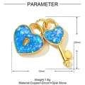 Detailed view of heart lock and key pendant with blue opal and gold copper plating - YF1376-Lock and Key