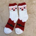 Plush coral fleece Christmas socks featuring red and white Santa Claus pattern design - One Size / New Belt Santa
