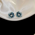 Detailed macro view of blue rose earrings with delicate pearls and tiny crystals - Silver Earring Post-Blue