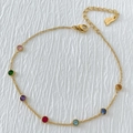 Gold stainless steel anklet featuring seven vibrant multi-colored round faceted crystals - Gold Colorful Zirconia Style (A390)