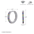 Detailed dimensions of 925 sterling silver rainbow zircon hoop earrings in functional view - 925 Silver Plated White Gold - Multicolor
