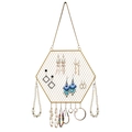 Golden hexagonal wall jewelry organizer with mesh grid and hooks for earrings - Hexagon Gold