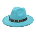 Detail of turquoise fedora hat with ethnic leather band featuring bronze rivets and beads - M (56-58cm) / Lake Blue