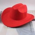 Classic bright red western cowboy felt hat with upturned brim shown on white background - One Groove With Rope / Red