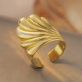 Vintage style 18k gold plated stainless steel wide textured open ring for women - Shell Texture / Gold