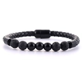 Bracelet en cuir tressé pour homme avec perles de lave noire et fermoir magnétique - Perles Noires
