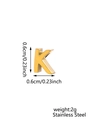 Macro shot of 0.6cm stainless steel letter K charm with zircon inlay and dimensions - Letter-K / Steel