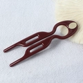 Minimalist wine red U-shaped wavy hair fork with smooth finish and gold oval metal accent - 9cm Fishtail Double Prong (Labeled Coffee) / 9cm U-Shaped Hair Fork / Brown