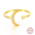 Minimalist S925 sterling silver gold moon and star open ring with white zircon stones - Elegant Gold Moon Star